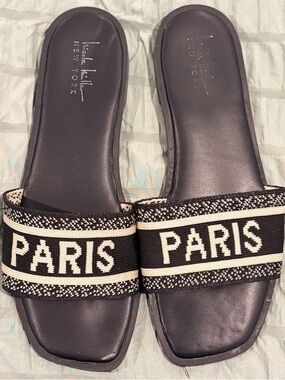 Nicole Miller Black and Cream 'PARIS' Woven Slide Sandals